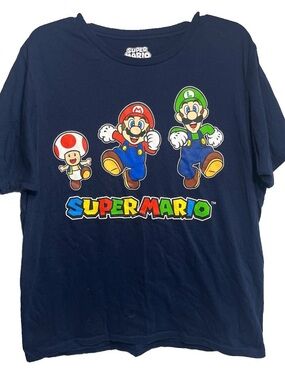 Super Mario Graphic Navy Blue Large T-Shirt Mario Luigi & Toad Tagless Crew Neck